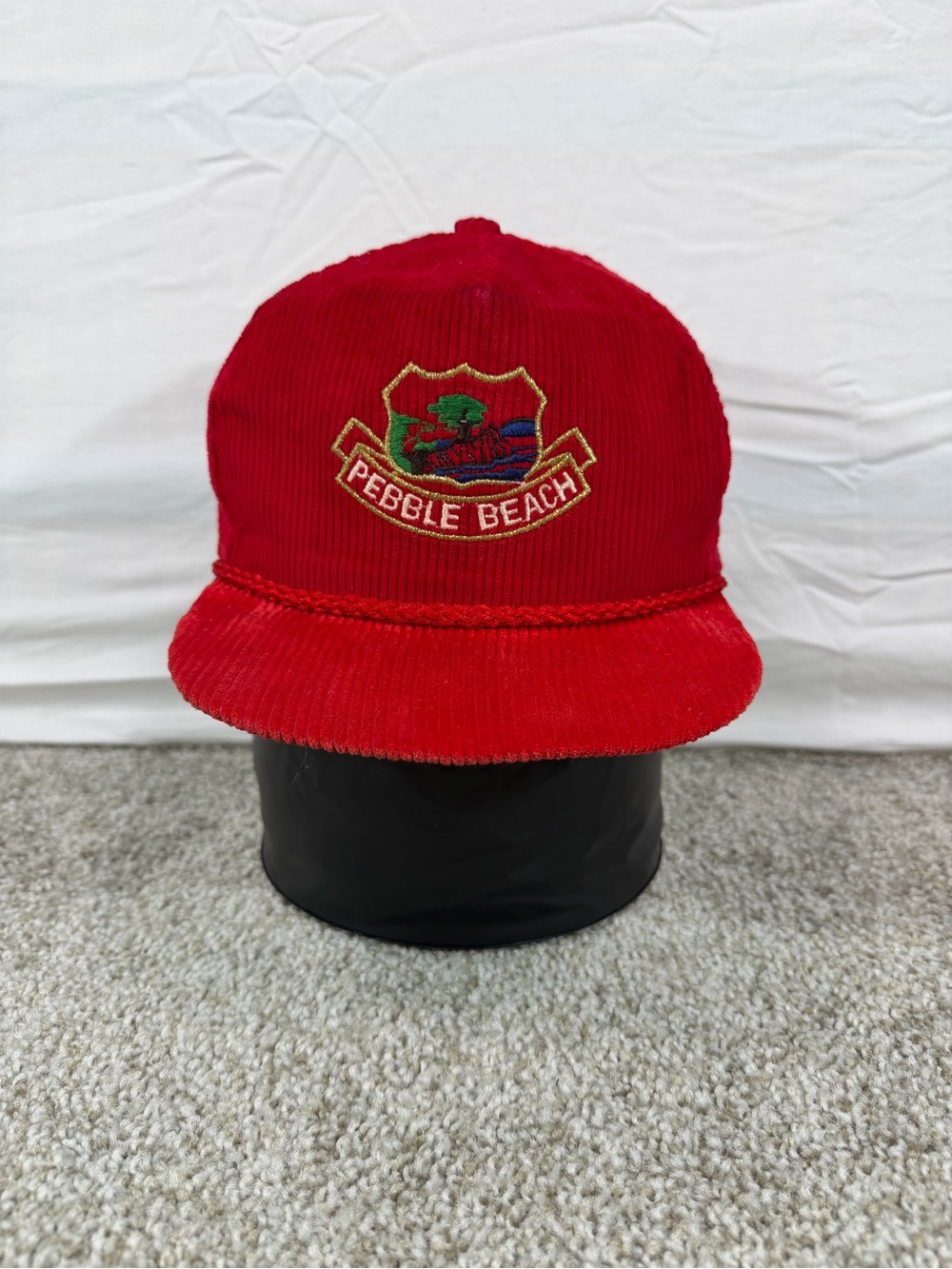 Vintage Pebble Beach Golf Hat Red Corduroy Leather Strap Imperial USA